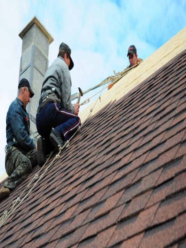 KIEV - UKRAINE MAY - 8  2017: Roofing Construction. Roofing Contractors Install New House Roofing with Asphalt Shingles Roofing Construction. Roofers with safety rope. Roofing Contractor.